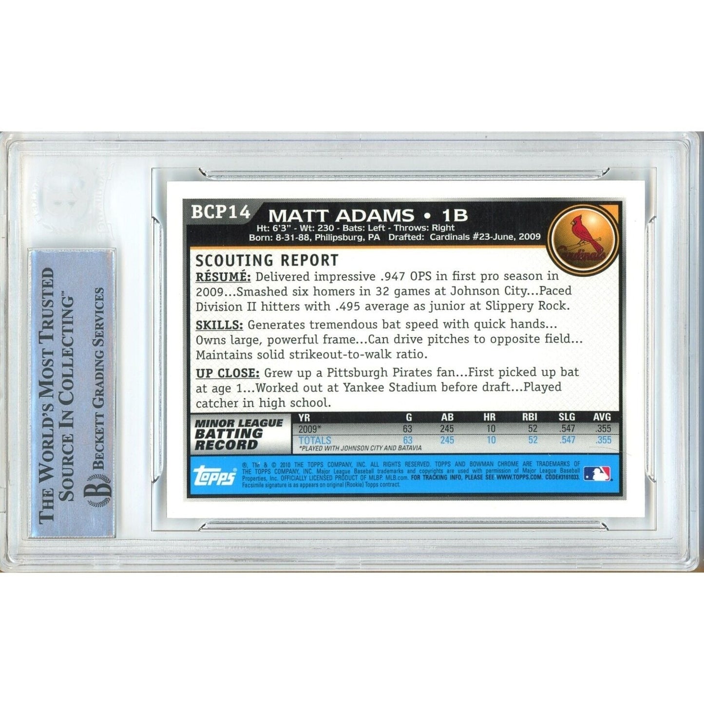 Matt Adams St Louis Cardinals Signed 2010 Bowman Chrome Prospects RC Beckett Auth Auto