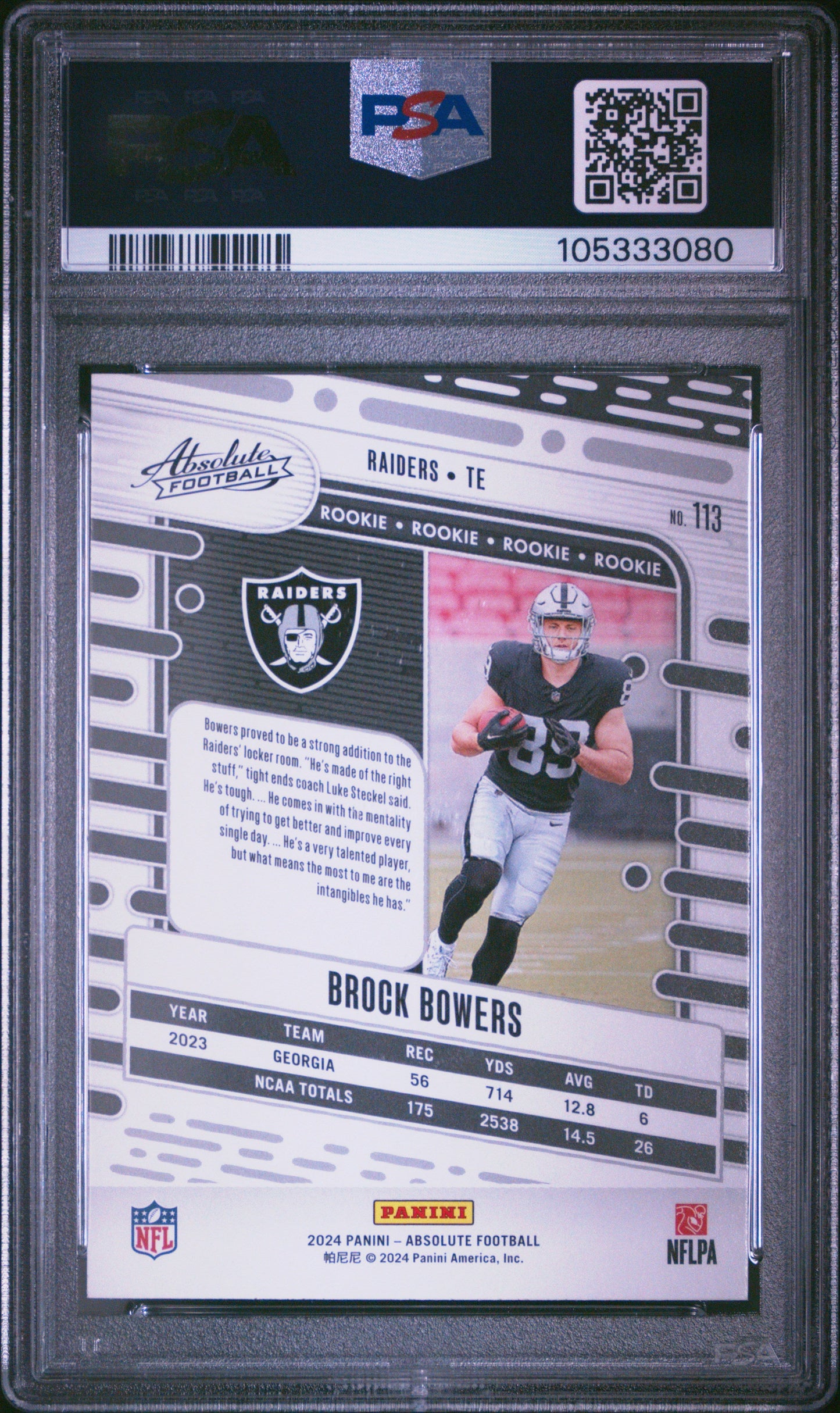 Graded 2024 Panini Absolute Brock Bowers #113 Rookie RC Football Card PSA 10 Gem Mint - Sport Cards