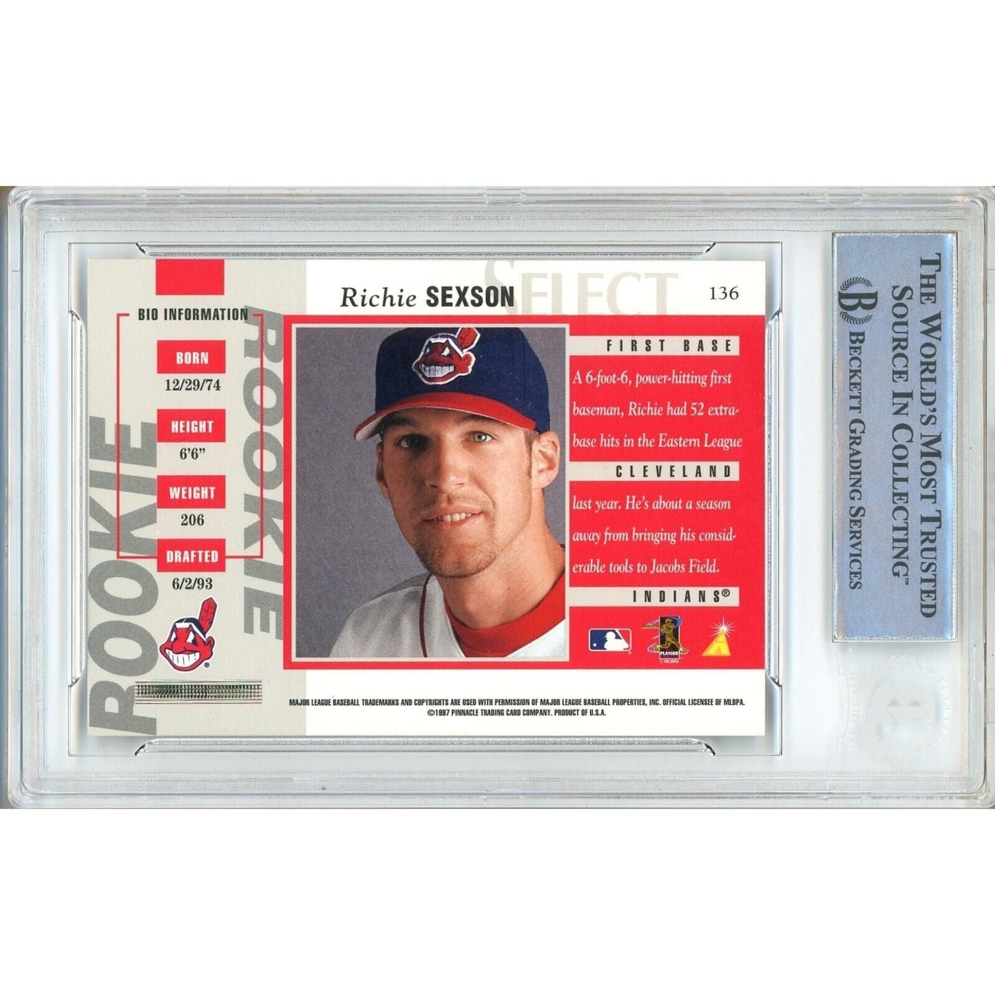 Richie Sexson Cleveland Indians Signed 1997 Pinnacle Select Card Beckett Authentic Auto Slab