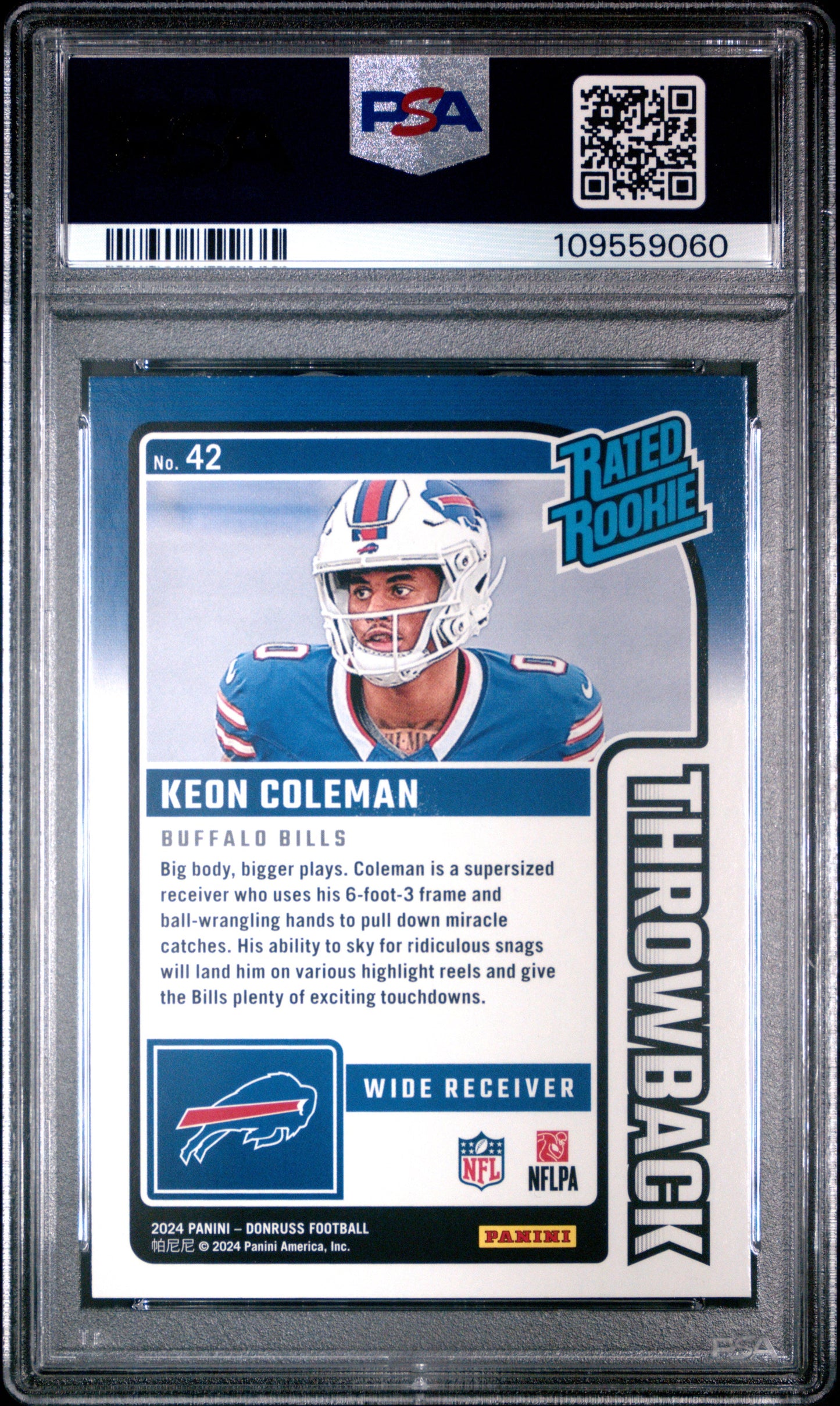 Graded 2024 Panini Donruss Keon Coleman #42 Rated Rookies Throwback Rookie RC Football Card PSA 10 Gem Mint