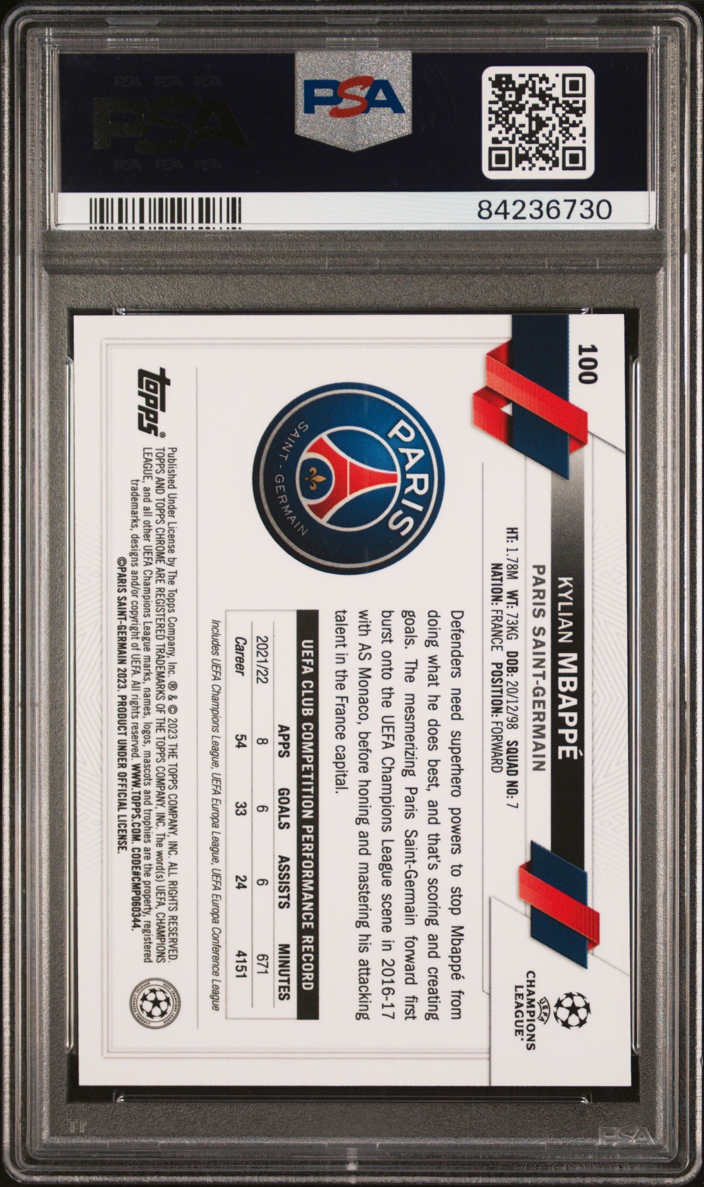 Graded 2022 Topps Chrome Sapphire UCC Kylian Mbappe #100 SP Soccer Card PSA 10 Gem Mint - Sport Cards