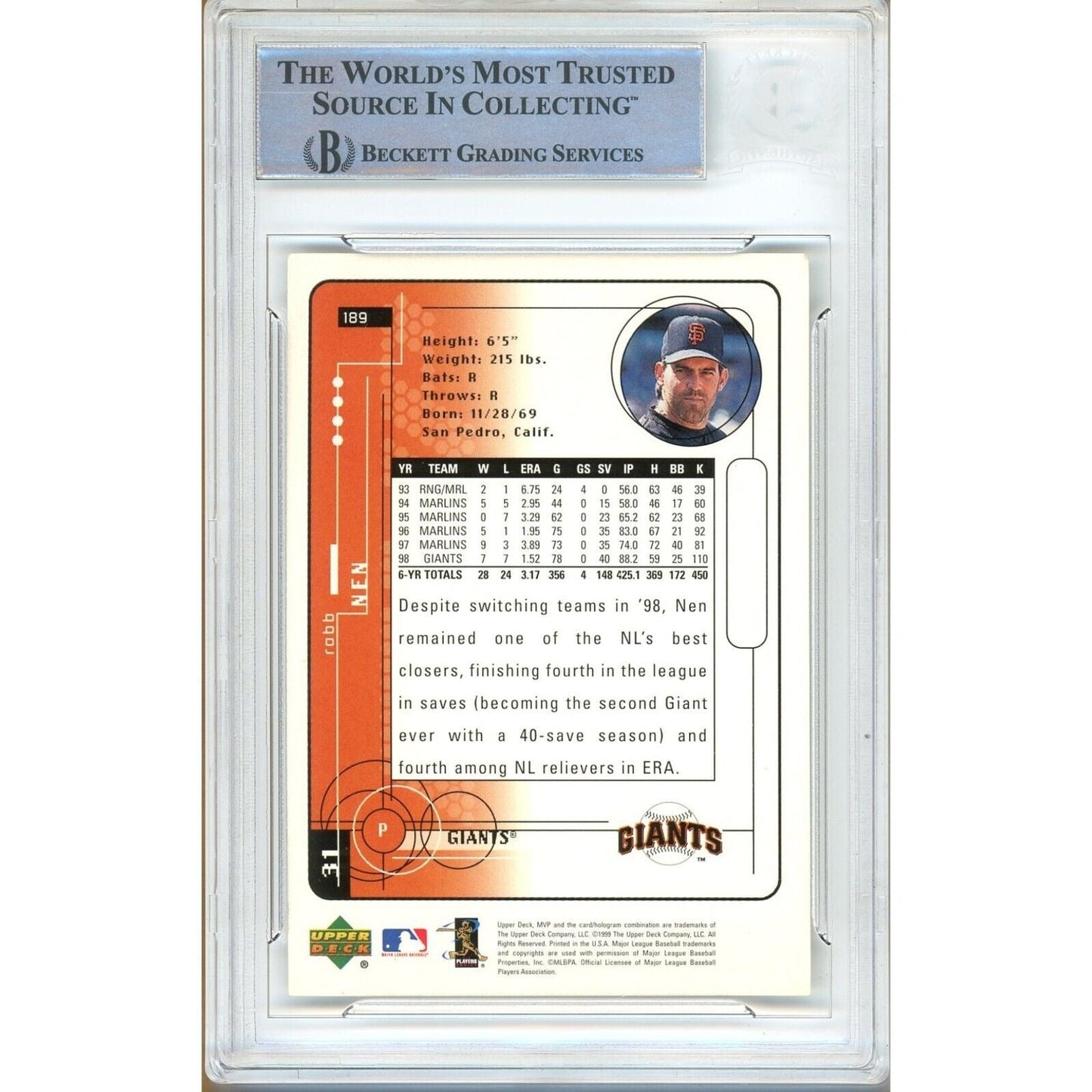 Robb Nen San Francisco Giants Signed 1999 Upper Deck MVP Card Beckett Auth Auto Slab