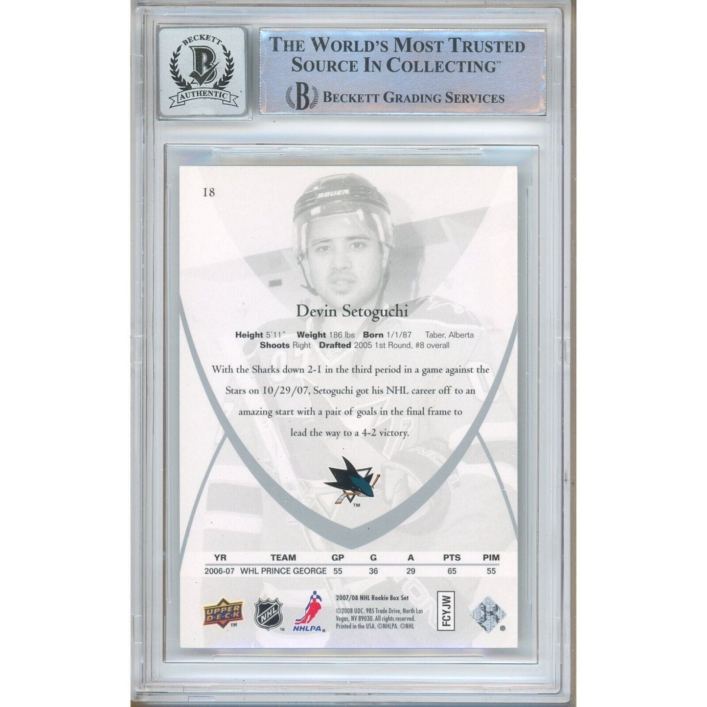 2007-08 Upper Deck Rookie Class #18 — Devin Setoguchi SJ Sharks Autographed Trading Card — Beckett Authentication