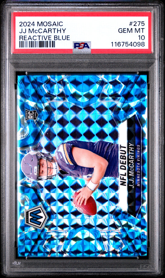 2024 Panini Mosaic JJ McCarthy #275 Reactive Blue Rookie RC Football Card PSA 10 Gem Mint