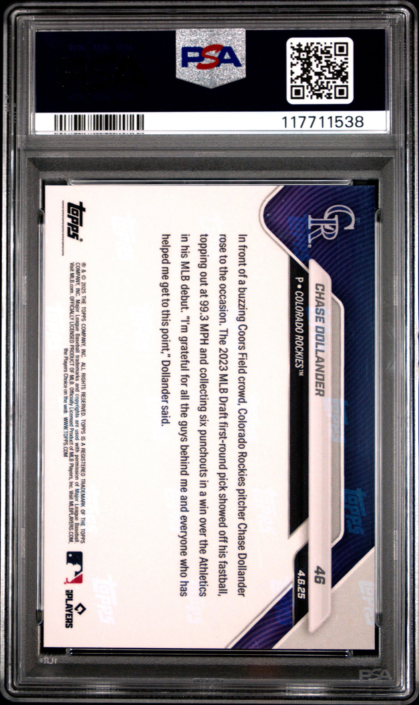 Graded 2025 Topps Now Chase Dollander #46 Rookie RC Baseball Card PSA 9 Mint