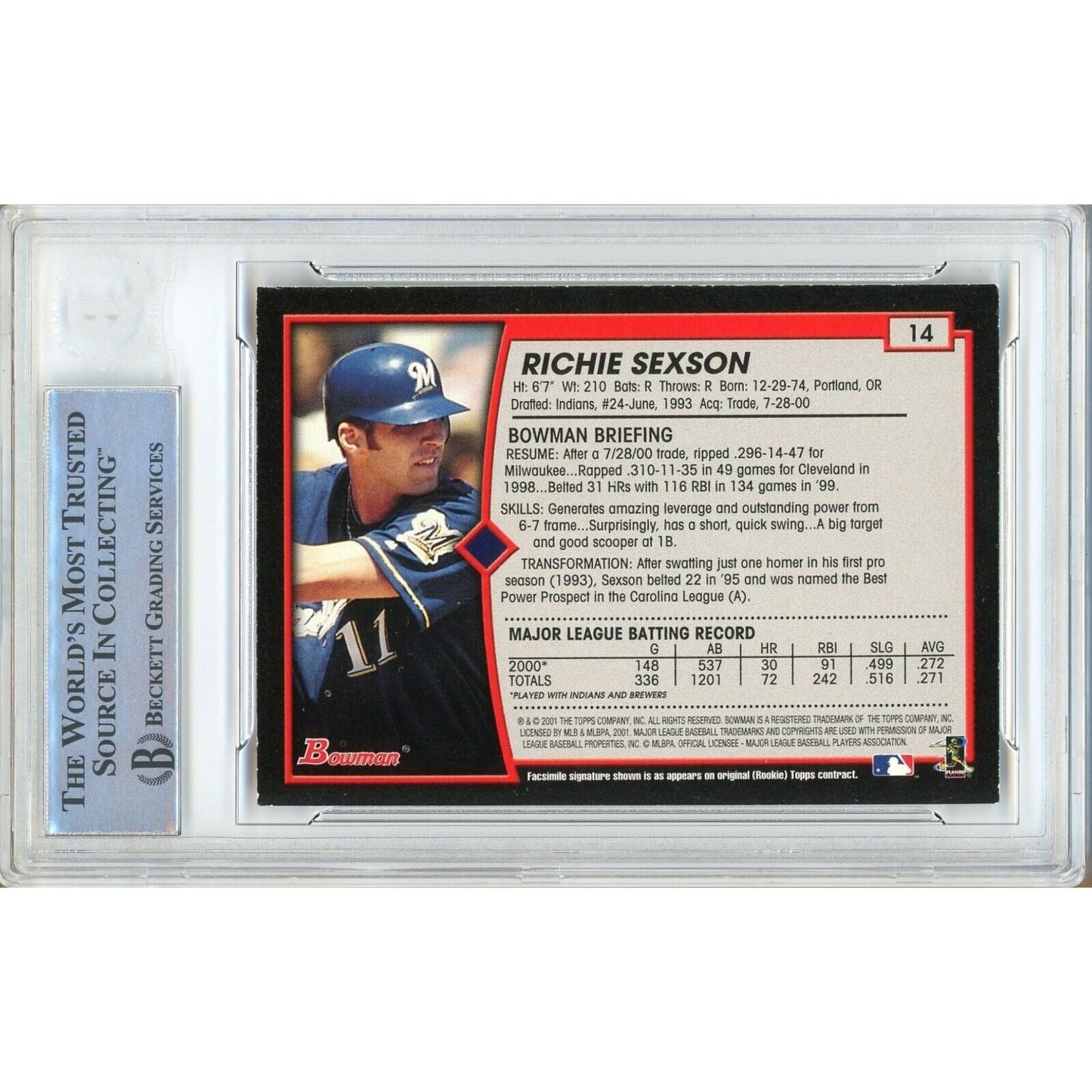 Richie Sexson Milwaukee Brewers Signed 2001 Bowman Baseball Card Beckett Auth Auto Slab
