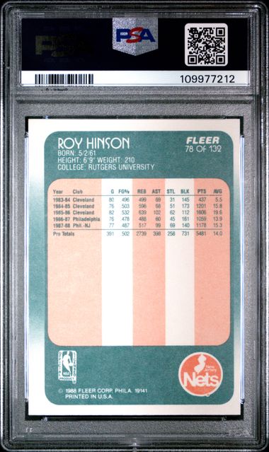Graded 1988 Fleer Roy Hinson #78 Basketball Card PSA 8 NM-MT - Sport Cards