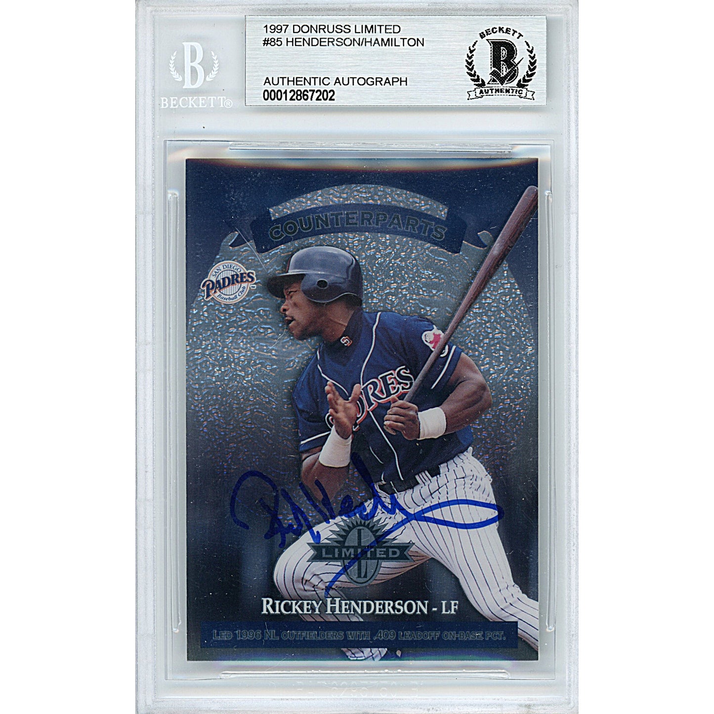 Rickey Henderson and Darryl Hamilton Signed 1997 Donruss Limited Baseball Card Beckett Slab