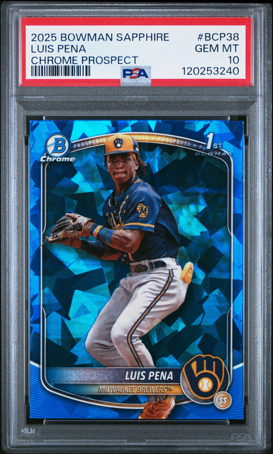 Graded 2025 Topps Bowman Sapphire Luis Pena #BCP38 Chrome Prospects Rookie RC Baseball Card PSA 10 Gem Mint