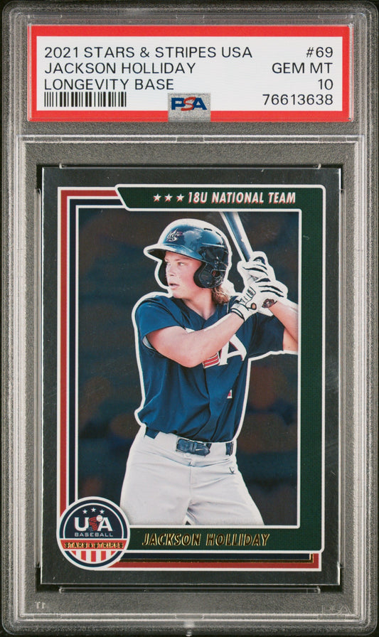 Graded 2021 Panini Stars & Stripes USA Jackson Holliday #69 Longevity Base Rookie RC Baseball Card PSA 10 Gem Mint