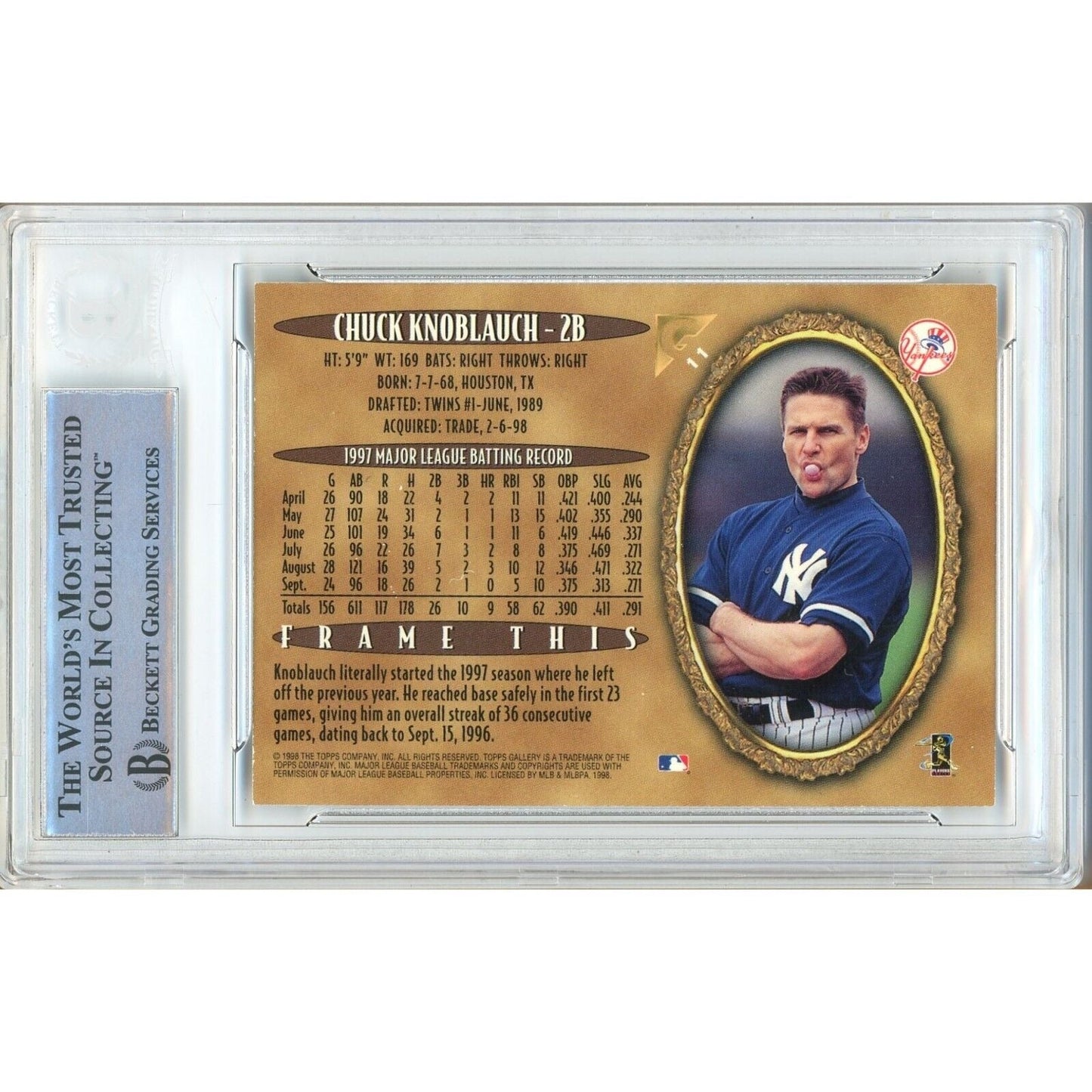 1998 Topps Gallery #11 — Chuck Knoblauch New York Yankees Autographed Trading Card — Beckett Authentication