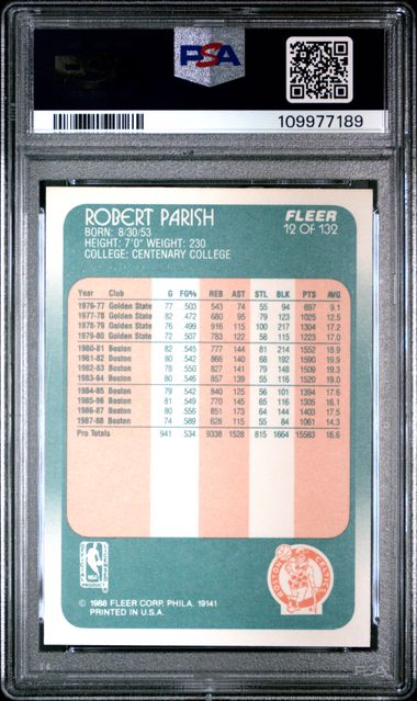 Graded 1988 Fleer Robert Parish #12 Basketball Card PSA 6 EX-MT - Sport Cards