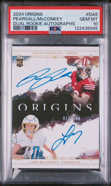 Graded 2024 Panini Origins Ricky Pearsall Ladd McConkey #DA5 14/100 Dual Rookie Autographs Rookie RC Football Card PSA 10 Gem Mint