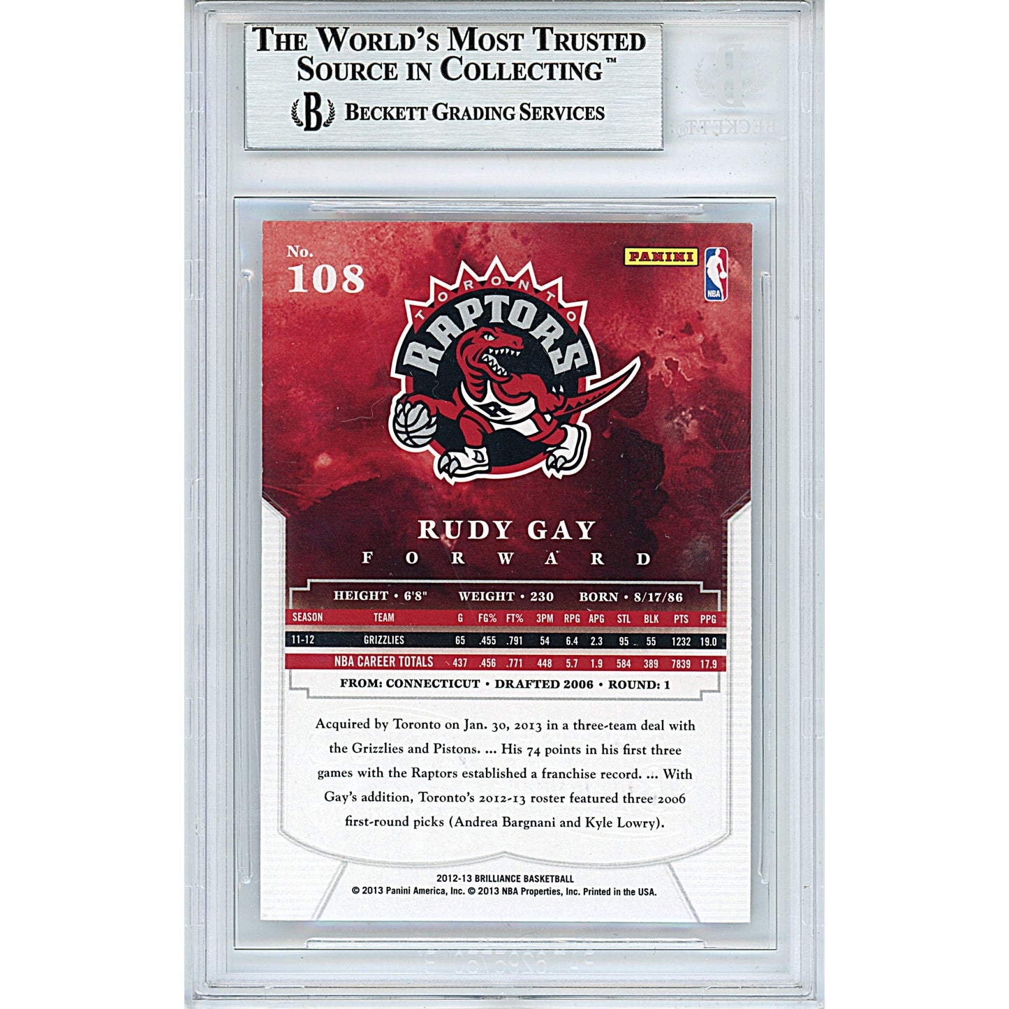 Rudy Gay Signed Toronto Raptors 2012-13 Panini Brilliance Basketball Card Beckett Slab