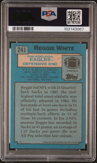 Graded 1988 Topps Reggie White #241 Football Card PSA 10 Gem Mint