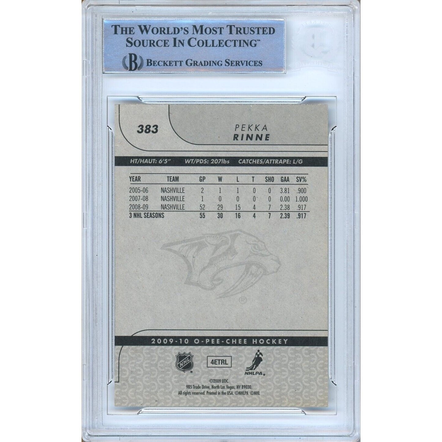 Pekka Rinne Nashville Predators Signed 2009-10 O-Pee-Chee Hockey Card Beckett Auth Auto