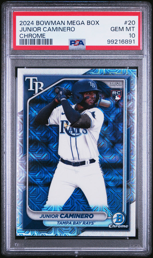 Graded 2024 Topps Bowman Mega Box Junior Caminero #20 Chrome Rookie RC Baseball Card PSA 10 Gem Mint