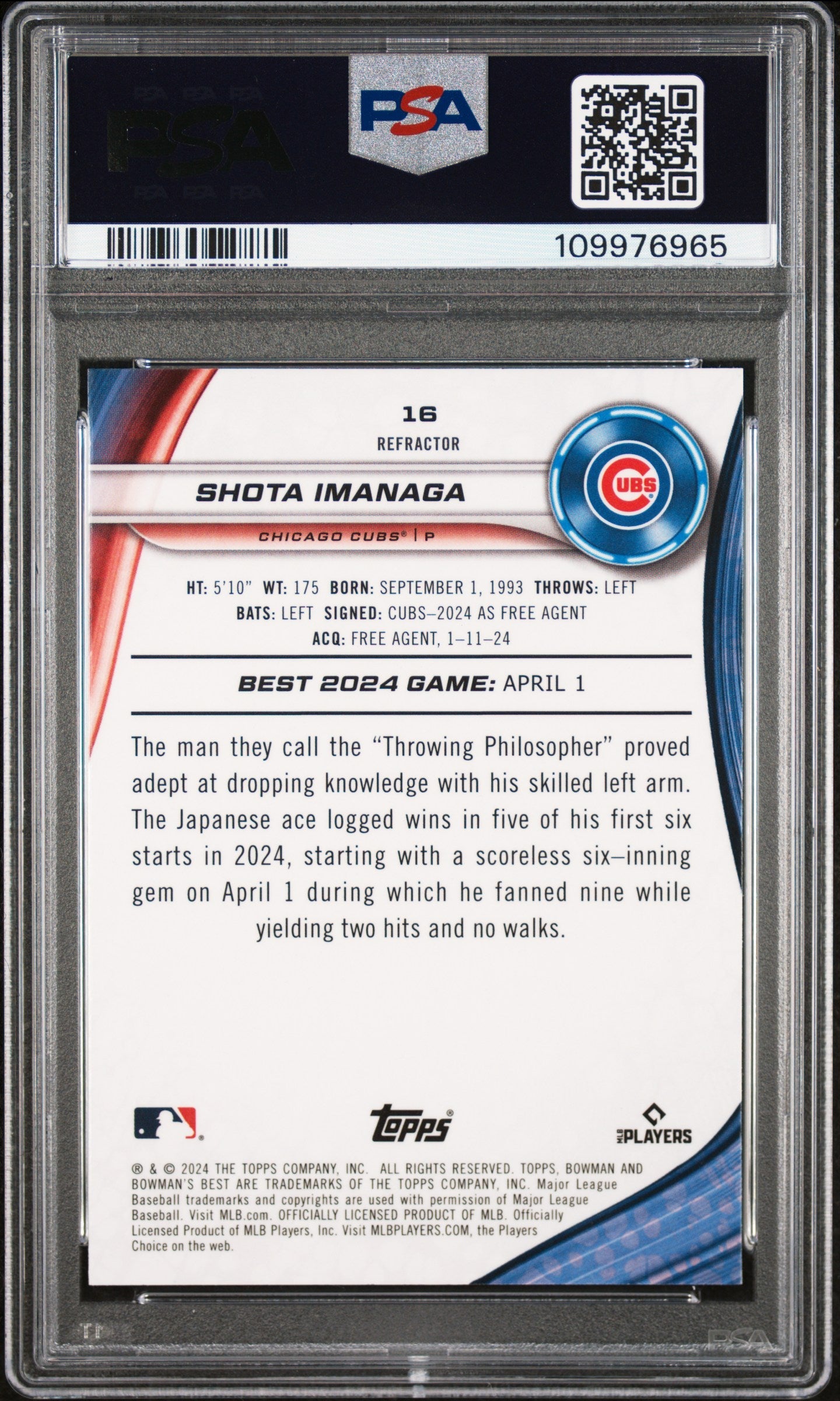 Graded 2024 Topps Bowmans Best Shota Imanaga #16 Refractor Rookie RC Baseball Card PSA 10 Gem Mint