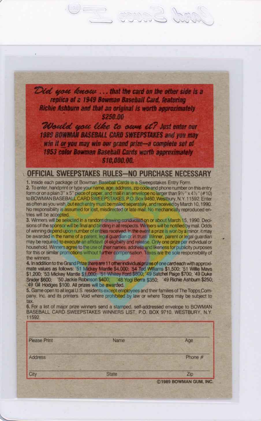 1989 Bowman Insert #1 1949 Richie Ashburn Card