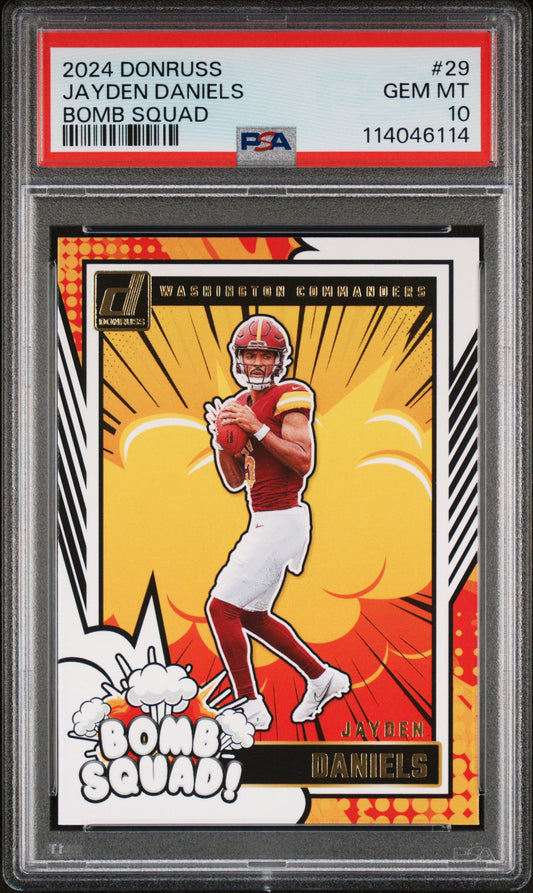 Graded 2024 Panini Donruss Jayden Daniels #29 Bomb Squad Rookie RC Football Card PSA 10 Gem Mint