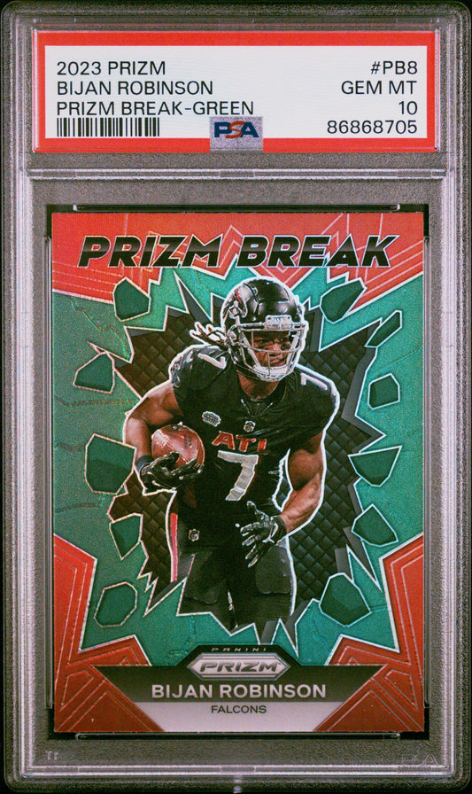 Graded 2023 Panini Prizm Bijan Robinson #PB8 Prizm Break Green Rookie RC Football Card PSA 10 Gem Mint