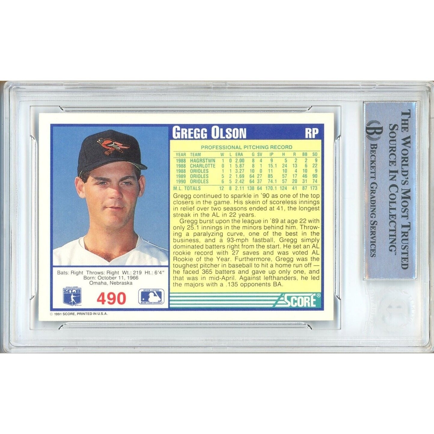 1991 Score #490 — Gregg Olson Baltimore Orioles Autographed Trading Card — Beckett Authentication