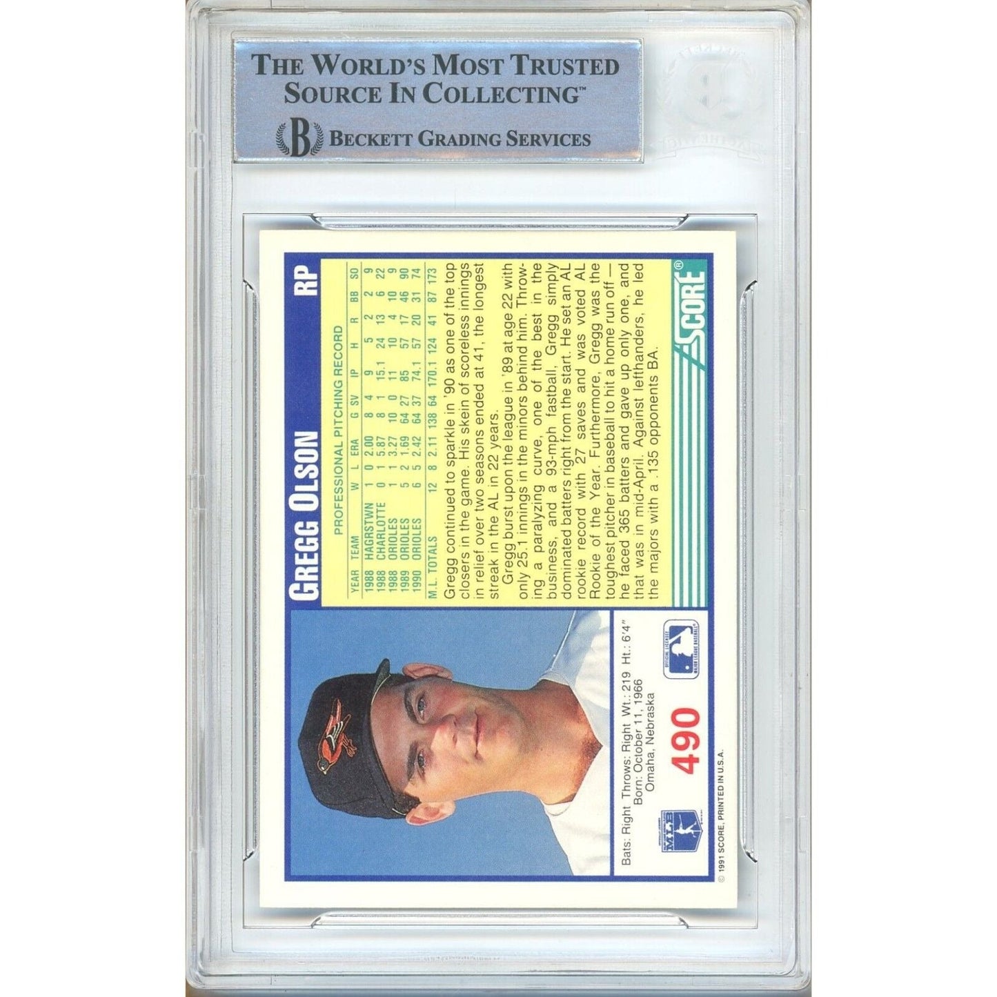 1991 Score #490 — Gregg Olson Baltimore Orioles Autographed Trading Card — Beckett Authentication