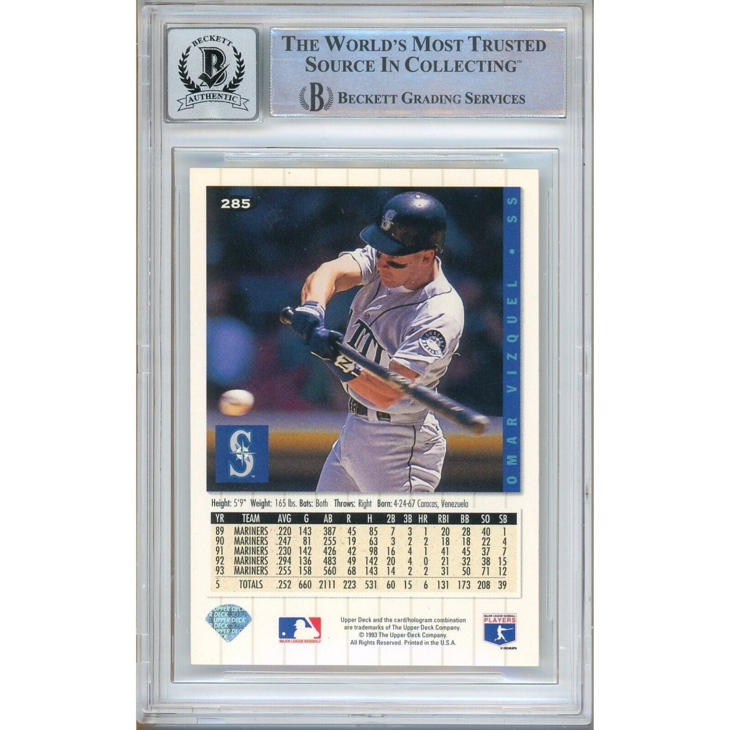 Omar Vizquel Seattle Mariners Signed 1994 Collectors Choice Card BGS Auto 10 Graded Slab
