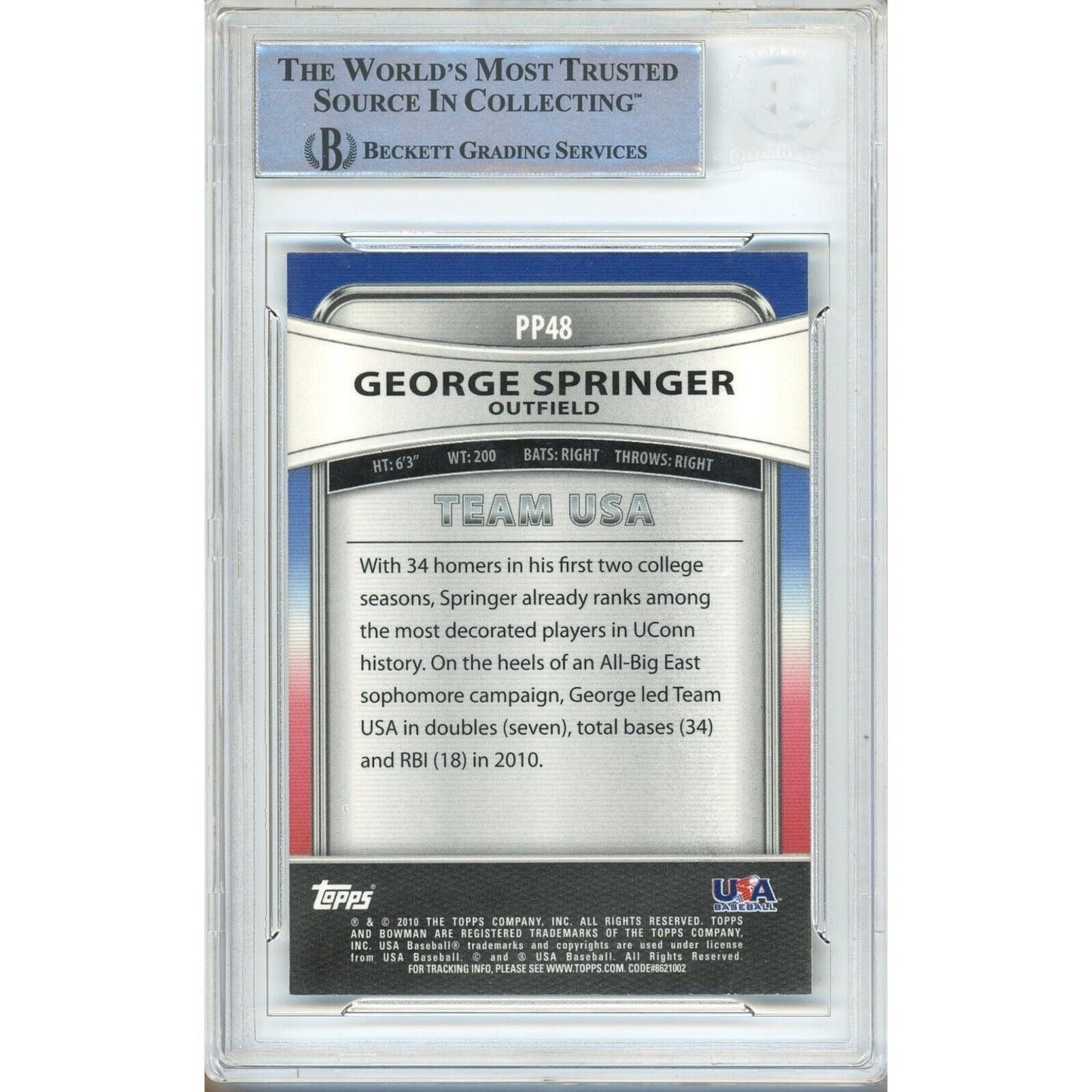 2010 Bowman Platinum Prospects #PP48 — George Springer Houston Astros Autographed Trading Card — Beckett Authentication