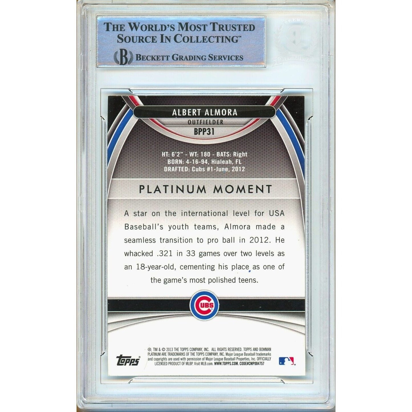 2013 Bowman Platinum Prospects #BPP31 — Albert Almora Chicago Cubs Autographed Trading Card — Beckett Authentication