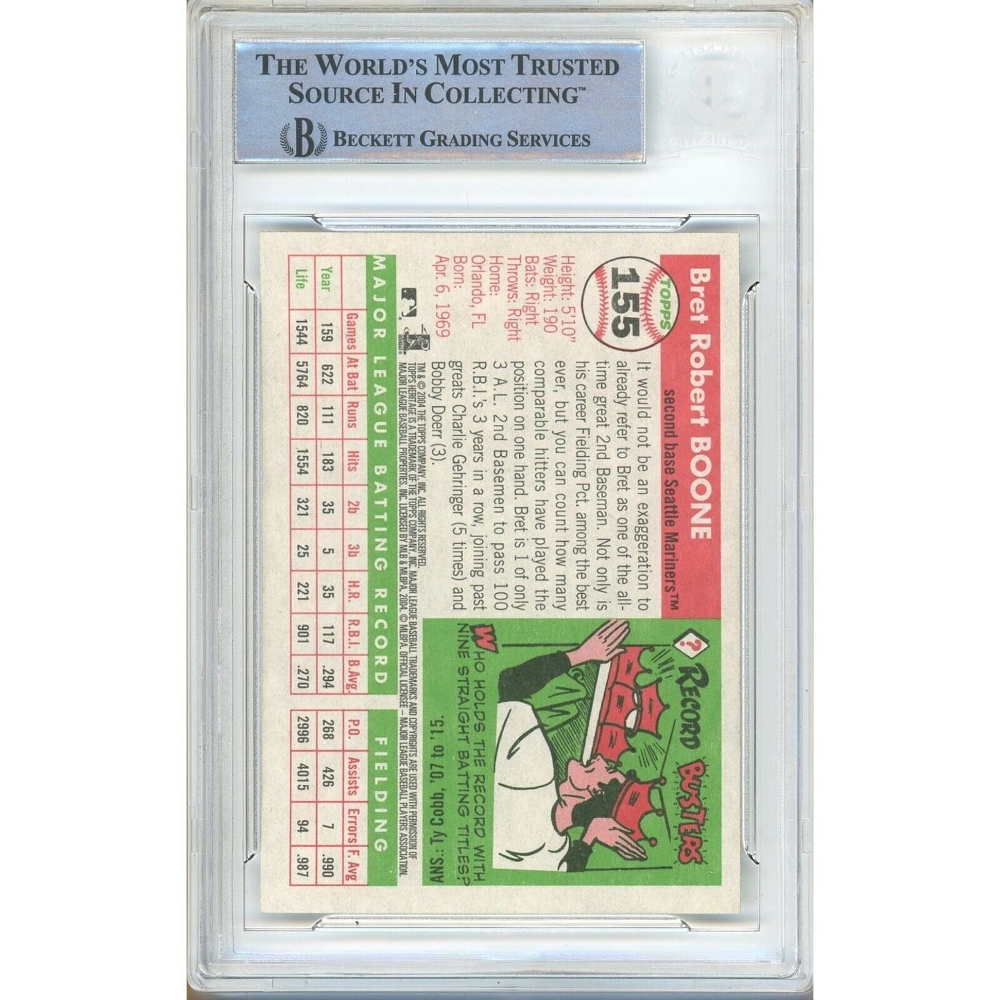 2004 Topps #155 — Bret Boone Seattle Mariners Autographed Trading Card — Beckett Authentication