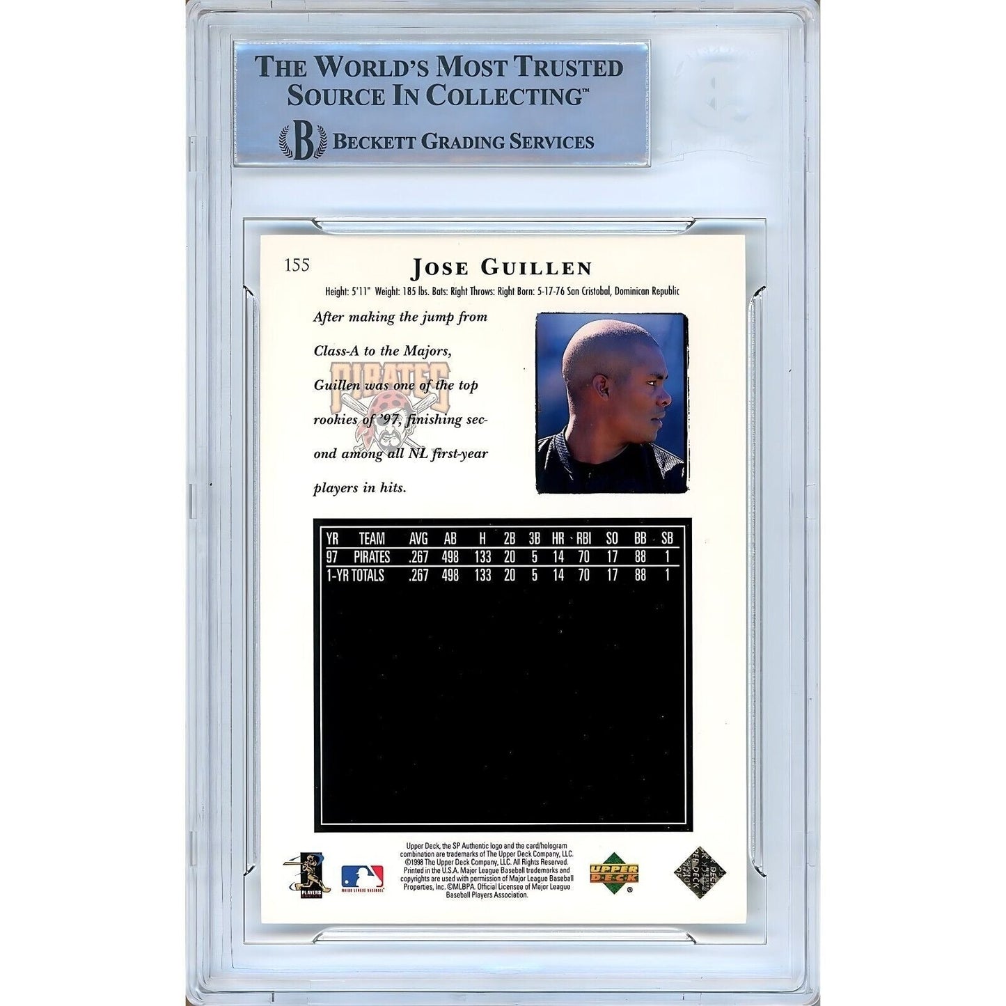 1998 Upper Deck SP Authentic #155 — Jose Guillen Pittsburgh Pirates Autographed Trading Card — Beckett Authentication