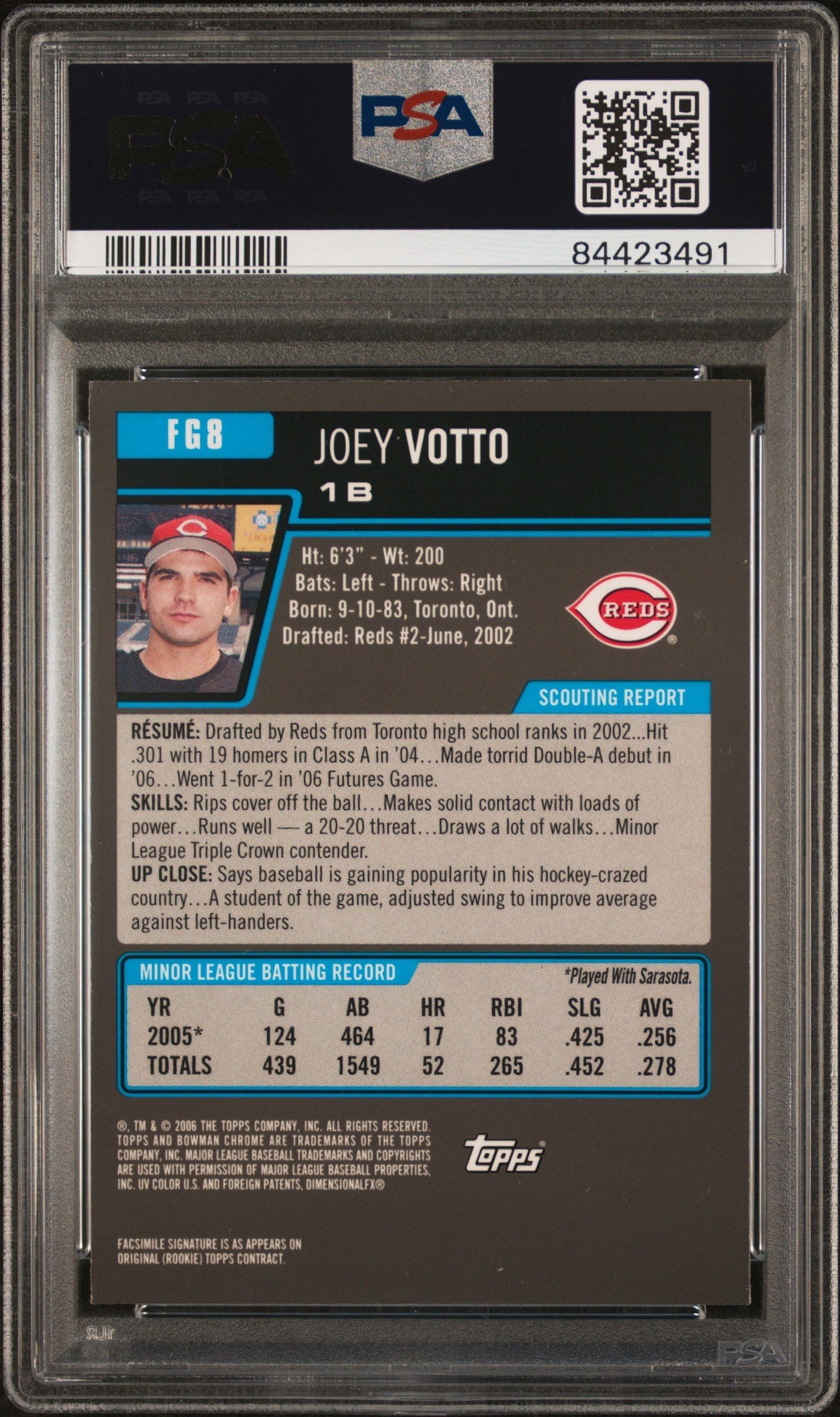 Graded 2006 Topps Bowman Chrome Joey Votto #FG8 Future Game Prospects Rookie RC Baseball Card PSA 10 Gem Mint