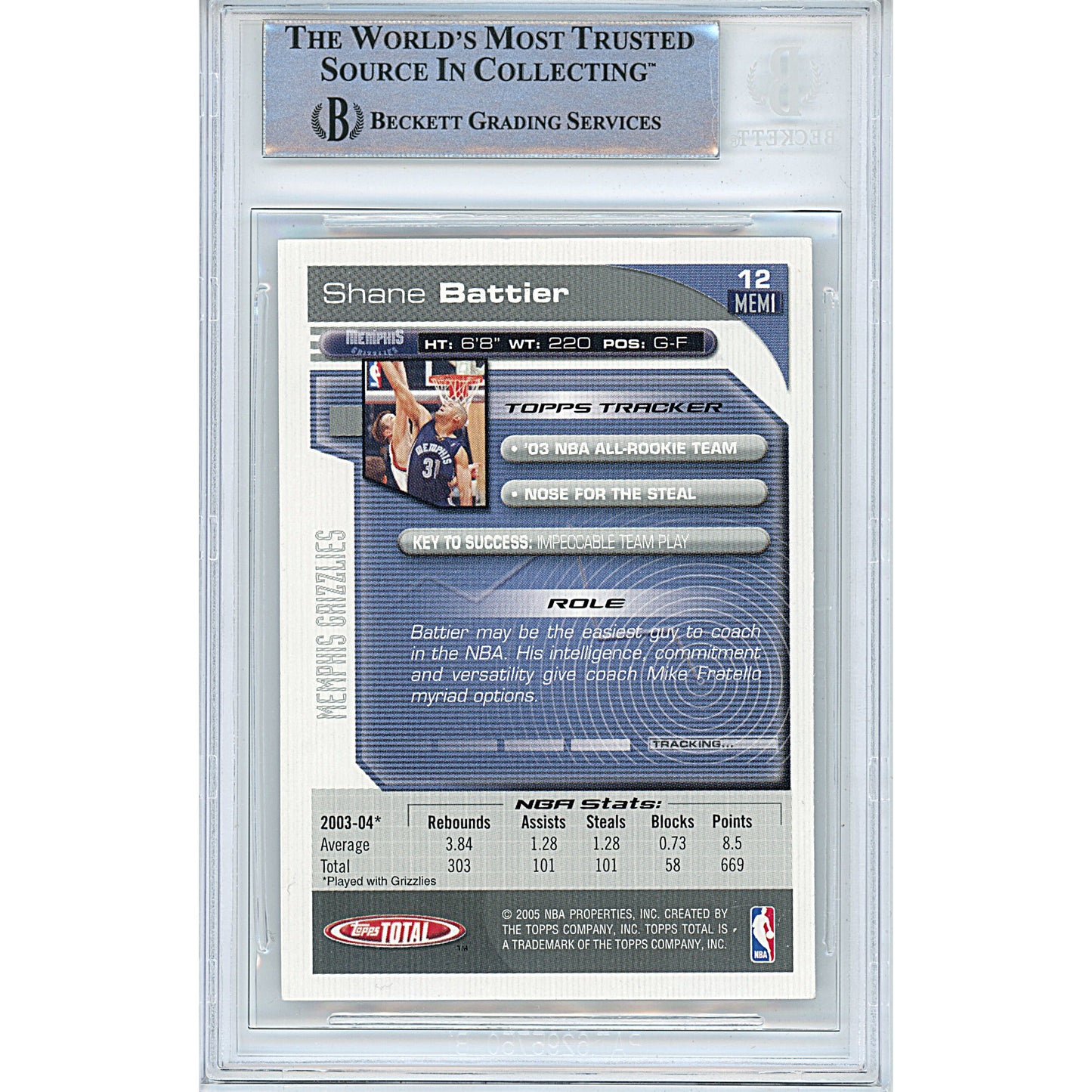 Shane Battier Signed Memphis Grizzlies 2004-05 Topps Total Basketball Card Beckett Slab