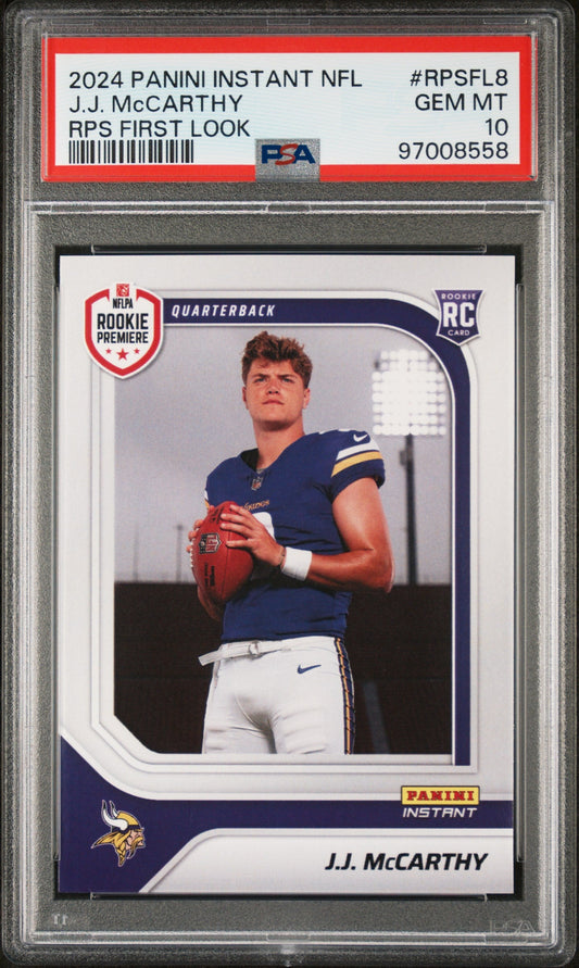 Graded 2024 Panini Instant NFL JJ McCarthy #RPSFL8 RPS First Look Rookie RC Football Card PSA 10 Gem Mint