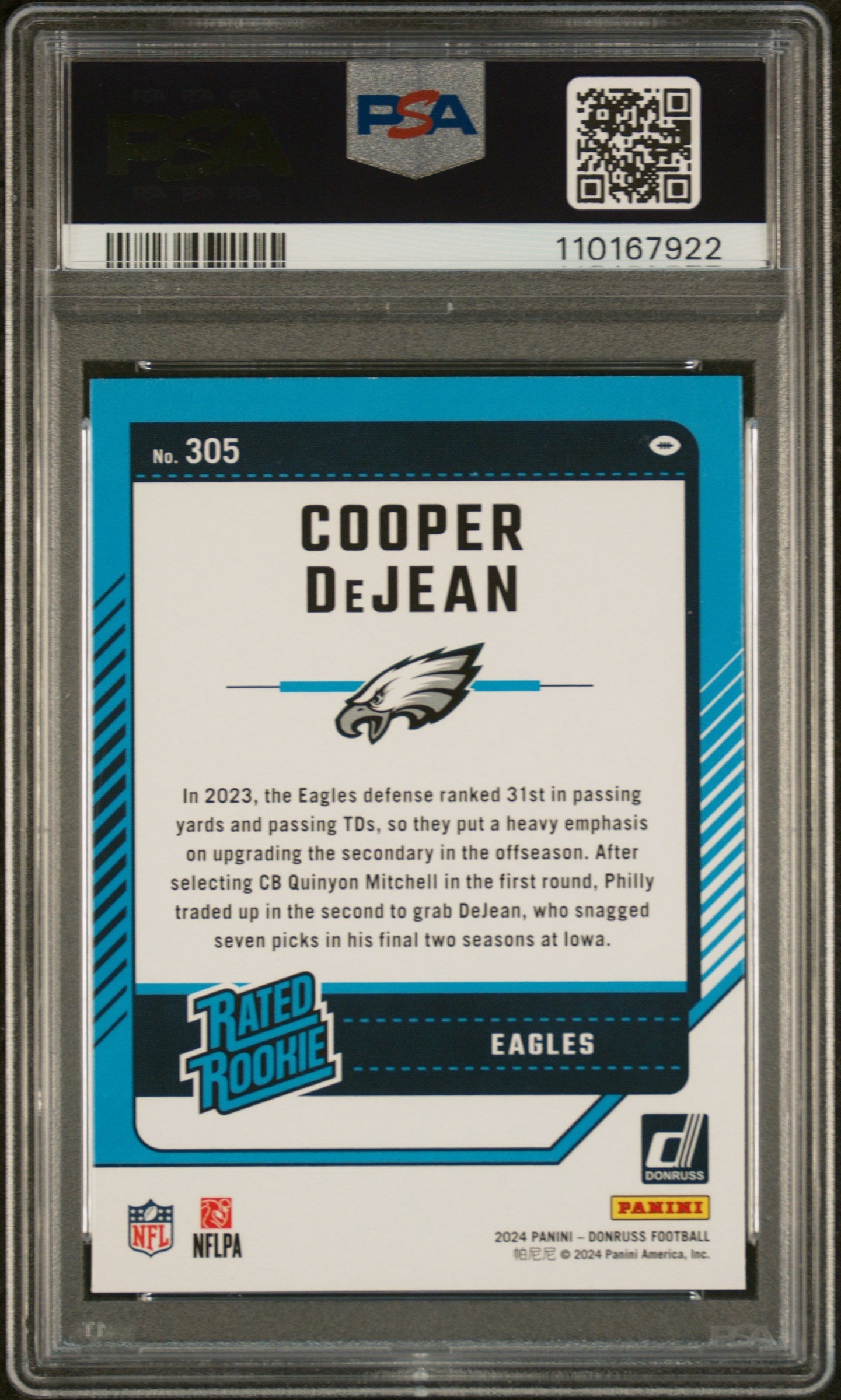 Graded 2024 Panini Donruss Cooper DeJean #305 Rookie RC Football Card PSA 10 Gem Mint - Sport Cards