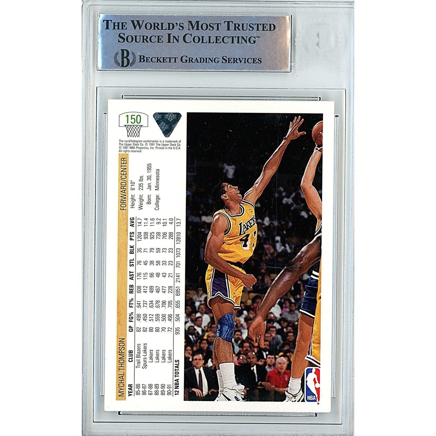 Mychal Thompson Los Angeles Lakers Signed 1991 Upper Deck Card Beckett Auth Auto Slab