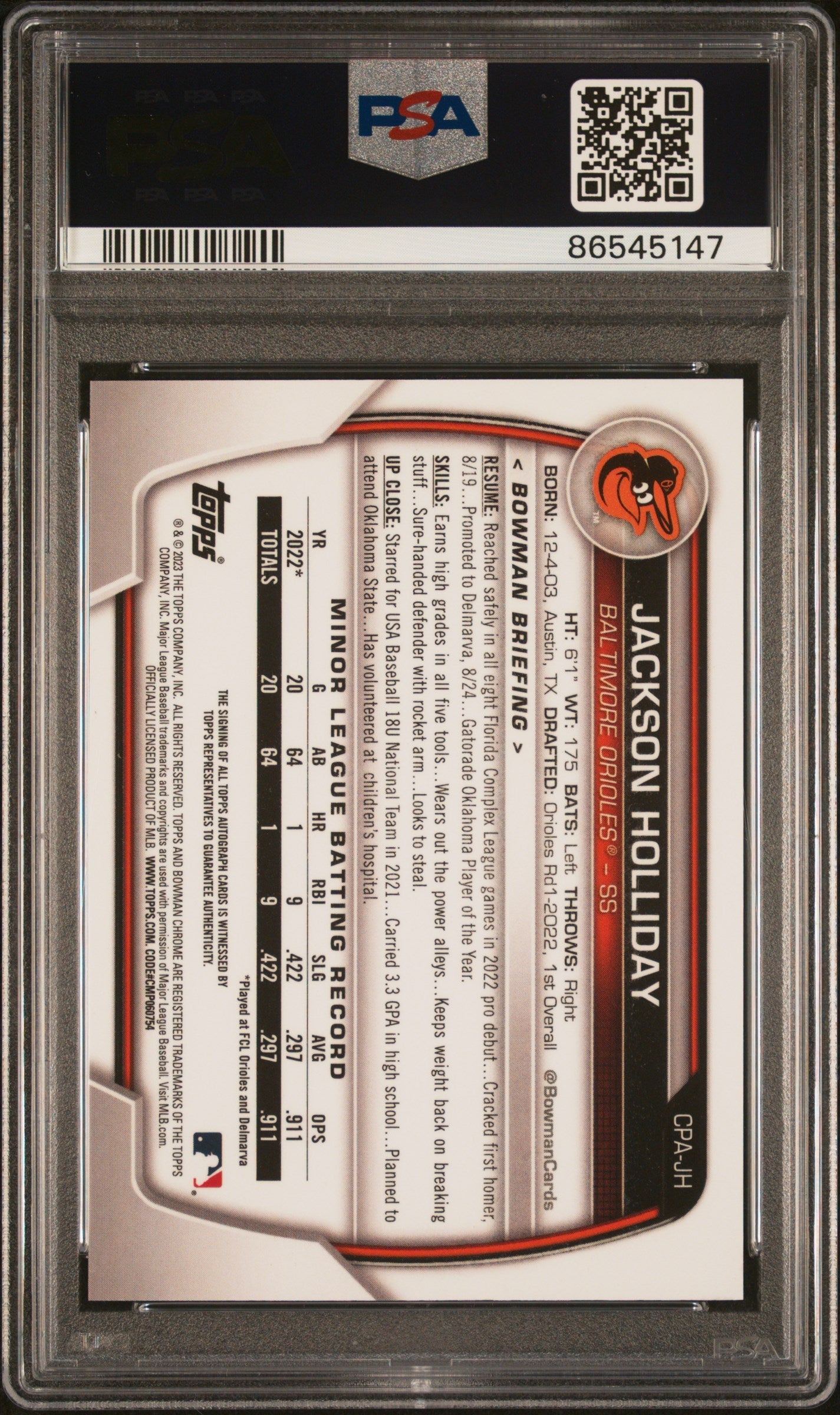 Graded 2023 Topps Bowman Jackson Holliday #CPAJH Chrome Prospect Auto Rookie RC Baseball Card PSA 10 Gem Mint