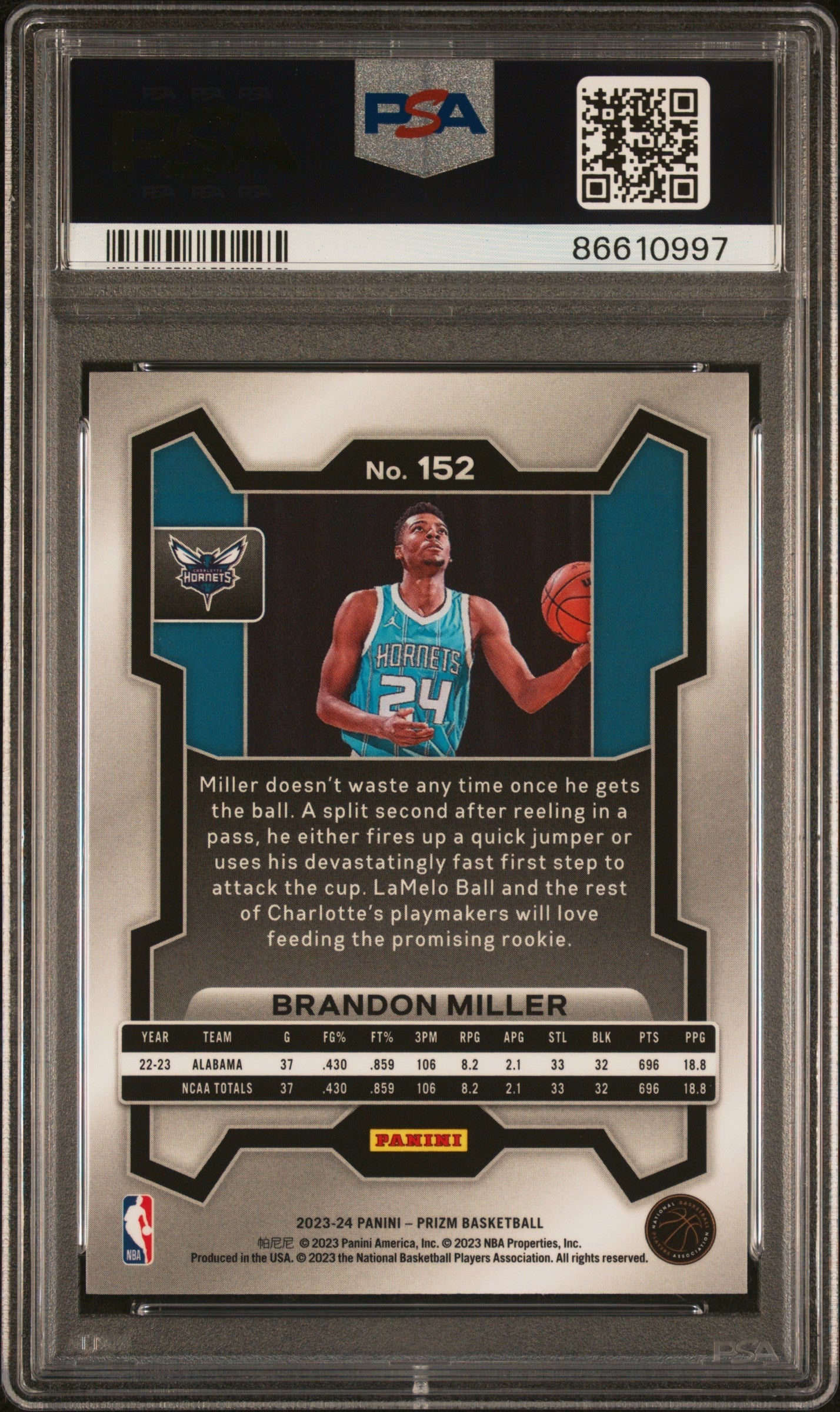 Graded 2023 Panini Prizm Brandon Miller #152 Rookie RC Basketball Card PSA 10 Gem Mint - Sport Cards