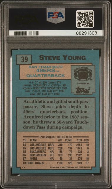 Graded 1988 Topps Steve Young #39 Football Card PSA 10 Gem Mint
