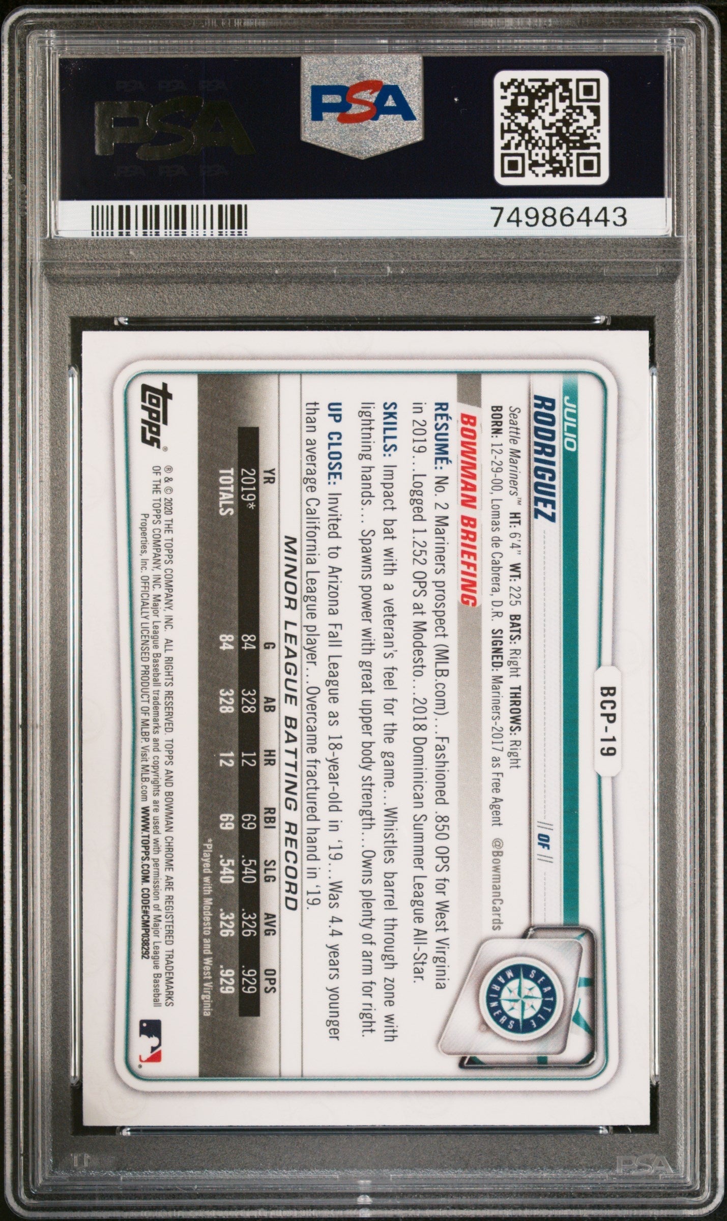 Graded 2020 Topps Bowman Chrome Julio Rodriguez #BCP19 Prospects RC Baseball Card PSA 10 Gem Mint
