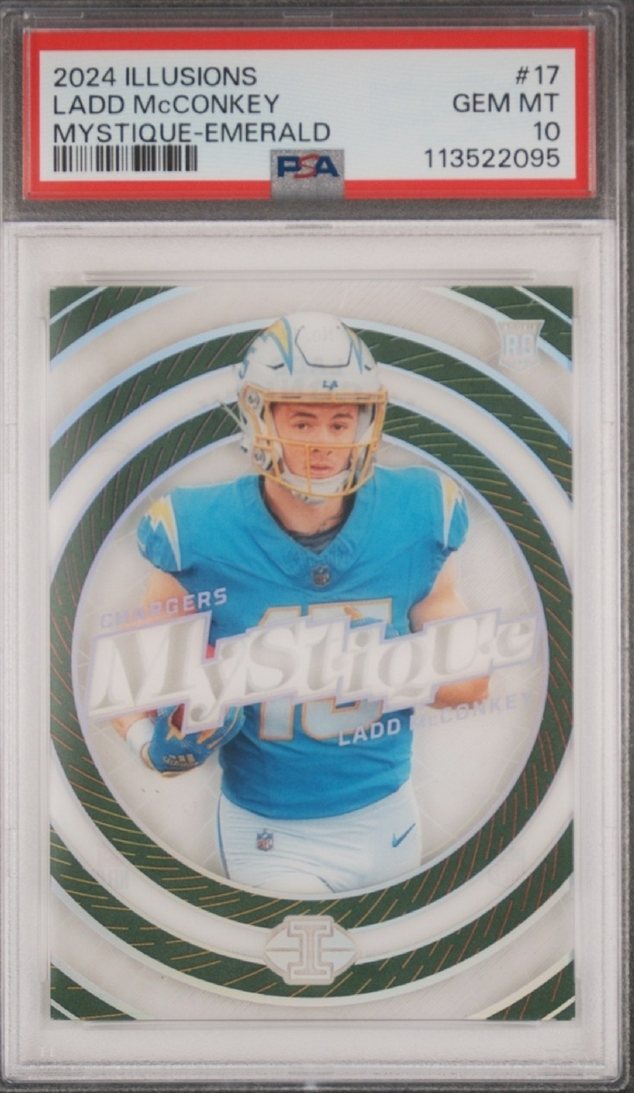 Graded 2024 Panini Illusions Ladd McConkey #17 Mystique Emerald Rookie RC Football Card PSA 10 Gem Mint - Sport Cards
