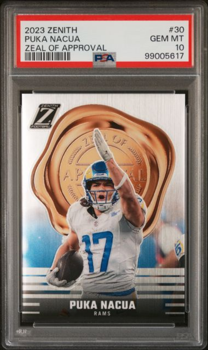 Graded 2023 Panini Zenith Puka Nacua #30 Zeal of Approval Rookie RC Football Card PSA 10 Gem Mint - Sport Cards