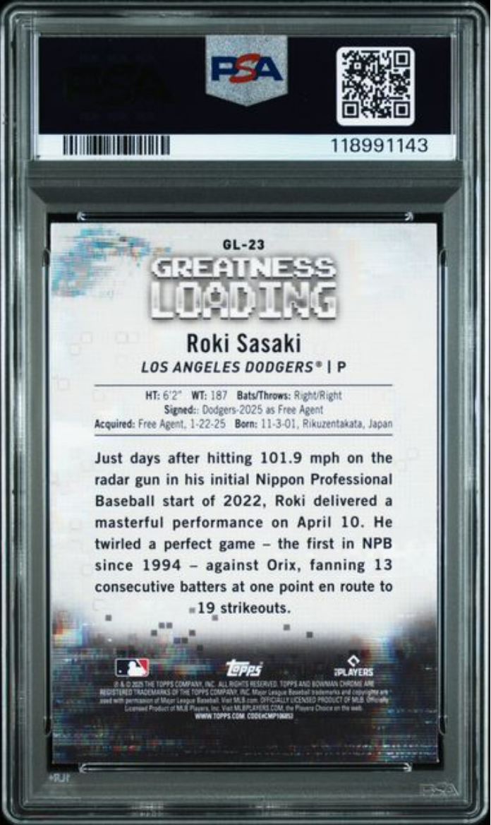 Graded 2025 Topps Bowman Roki Sasaki #GL23 Greatness Loading Rookie RC Baseball Card PSA 10 Gem Mint - Sport Cards
