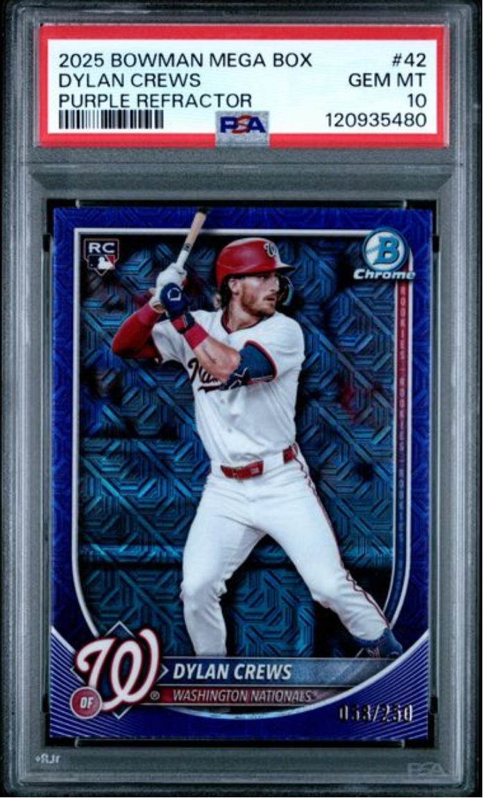 Graded 2025 Topps Bowman Mega Box Dylan Crews #42 Purple Refractor /250 Rookie RC Baseball Card PSA 10 Gem Mint
