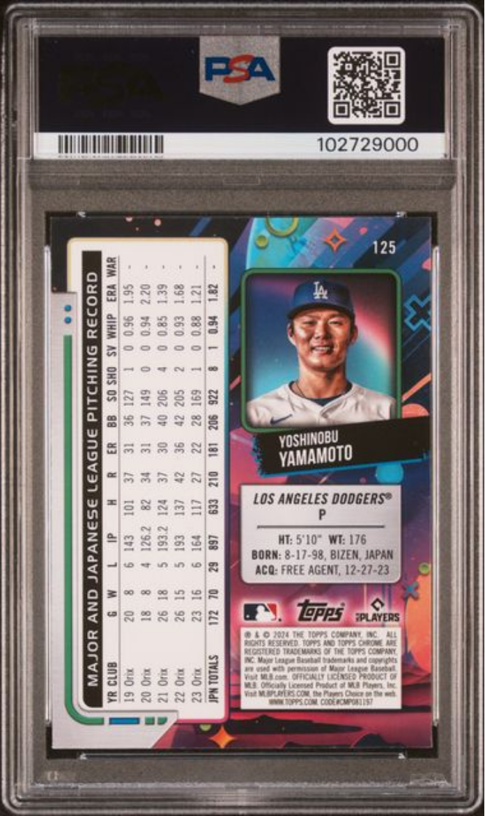 Graded 2024 Topps Cosmic Chrome Yoshinobu Yamamoto #125 Rookie RC Baseball Card PSA 10 Gem Mint