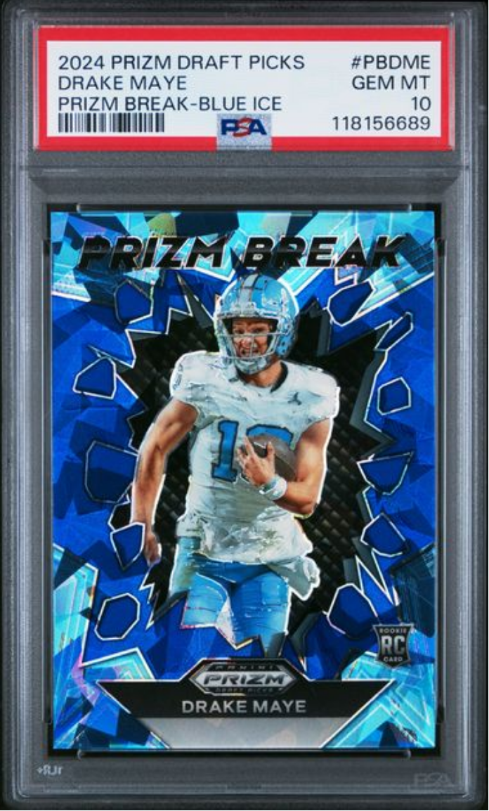 Graded 2024 Panini Prizm Draft Picks Drake Maye #PBDME Prizm Break Blue Ice /99 Rookie RC Football Card PSA 10 Gem Mint