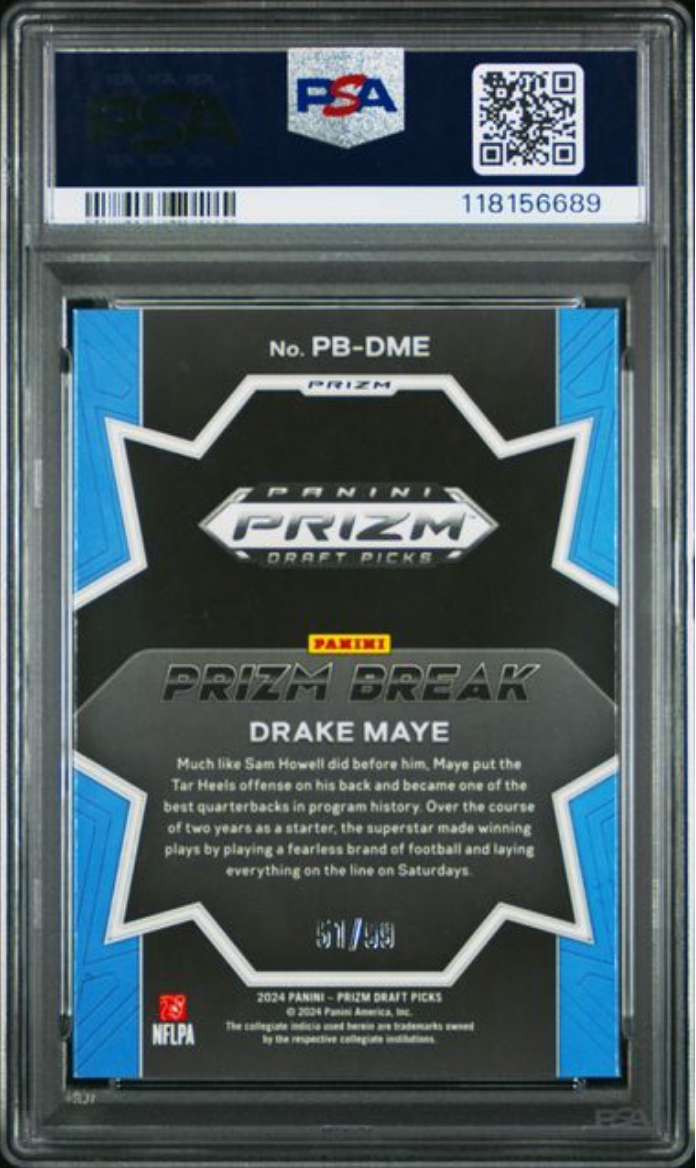 Graded 2024 Panini Prizm Draft Picks Drake Maye #PBDME Prizm Break Blue Ice /99 Rookie RC Football Card PSA 10 Gem Mint