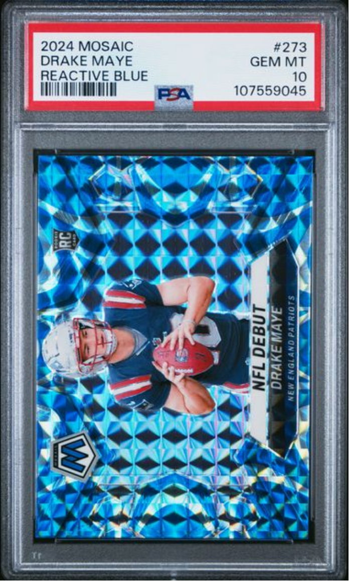 Graded 2024 Panini Mosaic Drake Maye #273 Reactive Blue Rookie RC Football Card PSA 10 Gem Mint