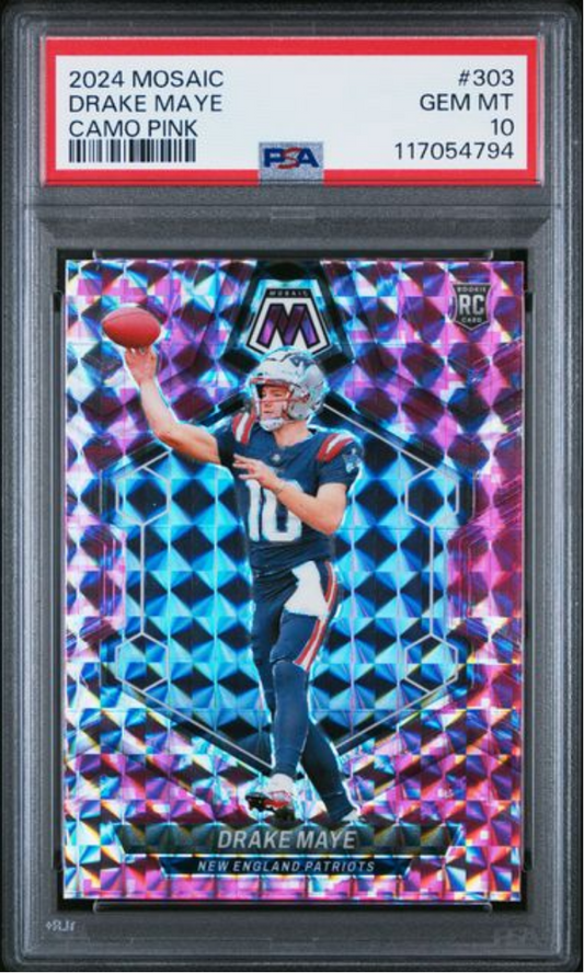 Graded 2024 Panini Mosaic Drake Maye #303 Camo Pink Rookie RC Football Card PSA 10 Gem Mint